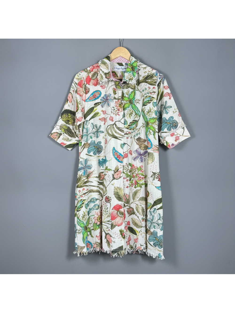 Dizzy Lizzie Tropical Floral Linen Shift Tunic Dress Medium Coastal Grandmother